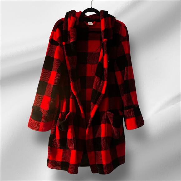 Victorias Secret Plush Robe Cardigan M/L Silver Sequin Dog Logo Red Black Check - Picture 11 of 11